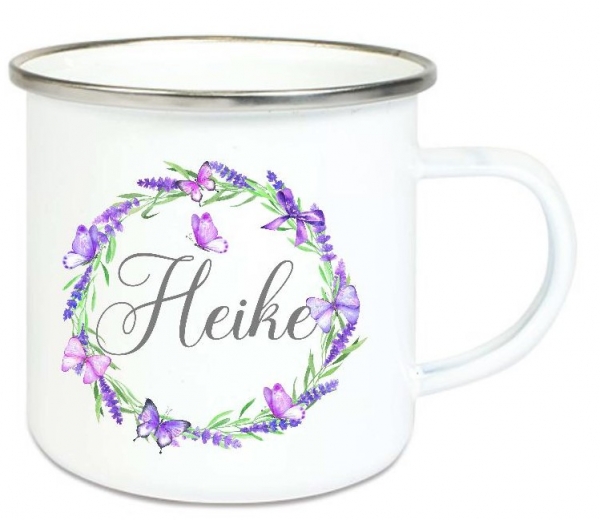 ♥ Tasse Emailletasse Kranz Lavendel Schmetterlinge Wunschname, Dankeschön, Abschied, Jubiläum, Geschenk, Becher von Lüttentüddel